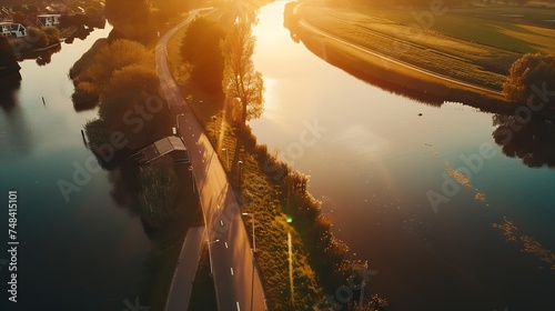 Aerial view of sunset above canal Eemskanaal road and countryside Ten Post Groningen The Netherlands : Generative AI
