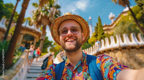 Happy tourist take selfie selfportrait with smartphone in Park Guell Barcelona Spain Smiling man on vacation looking at camera Holidays and travel concept : Generative AI photo