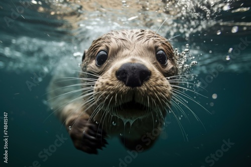 Graceful Otter underwater swim. Zoo animal. Generate Ai © juliars