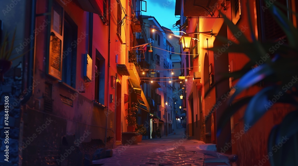 Illuminated Street of Riomaggiore in Cinque Terre at Night Italy : Generative AI Illuminated Street of Riomaggiore in Cinque Terre at Night Italy : Generative AI