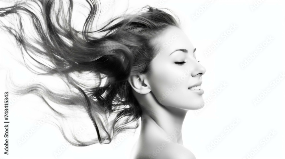 Serene Beauty Portrait with Flowing Hair in Black and White Serene Beauty Portrait with Flowing Hair in Black and White