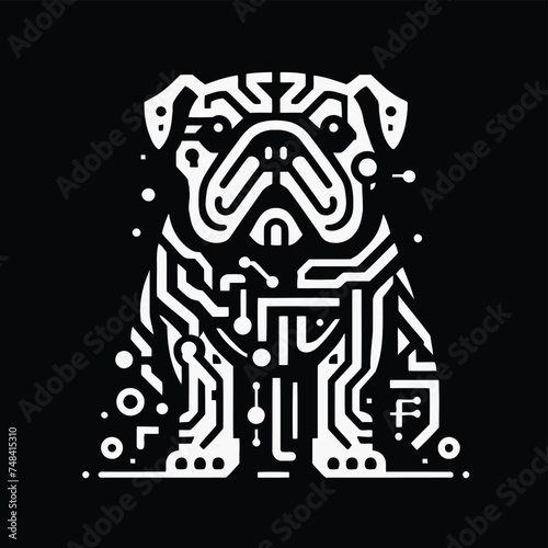 bulldog, animal in techno cyberpunk and steampunk tattoo, wire, machine gear logo, 