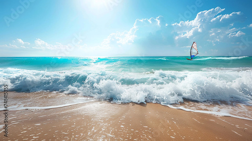 A dynamic shot of a professional windsurfer riding the waves on a pristine beach. realistic stock photo