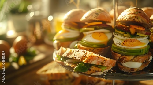 Delicious sandwiches with eggs and avocado served on buffet table for brunch : Generative AI