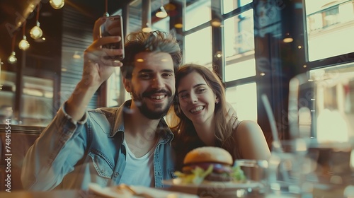 Happy couple taking selfie with smart mobile phone at burger pub restaurant Young people having lunch break at cafe bar venue Life style concept with guy and girl hanging out on weeken : Generative AI