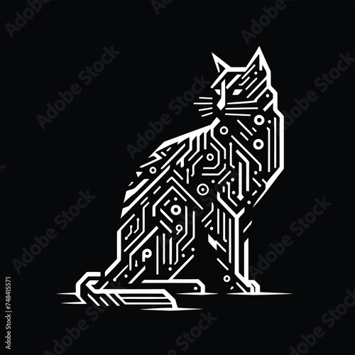 cat, wildcat, animal in techno cyberpunk and steampunk tattoo, wire, machine gear logo, 