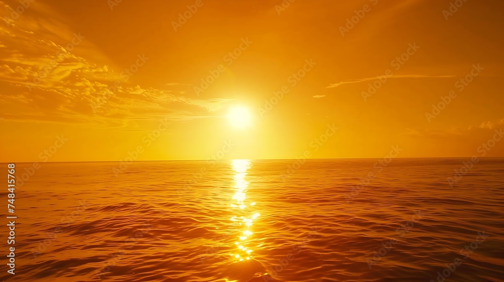 Fiery orange sunset sky Dramatic golden sky over the sea and sunrise background : Generative AI