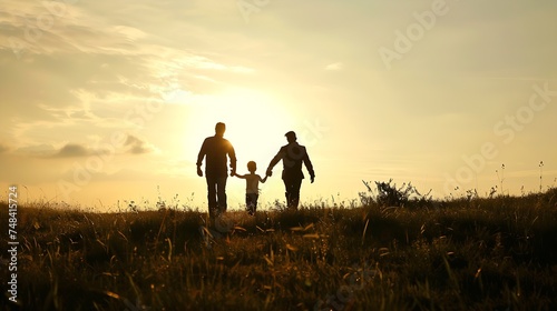 Silhouette of happy family walking in the meadow at sunset Mother father and child son having fun outdoors enjoying time together Family love mental health and happy lifestyle concept : Generative AI © Generative AI