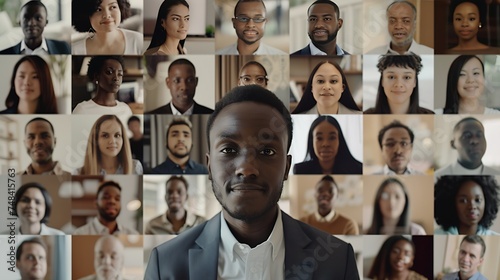 Many portraits faces of diverse young and aged people webcam view while engaged in videoconference online meeting lead by african businessman leader Group video call application easy u : Generative AI photo