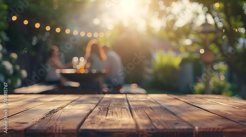 Empty wooden table and blurred view of people having barbecue with modern grill outdoors : Generative AI © Generative AI