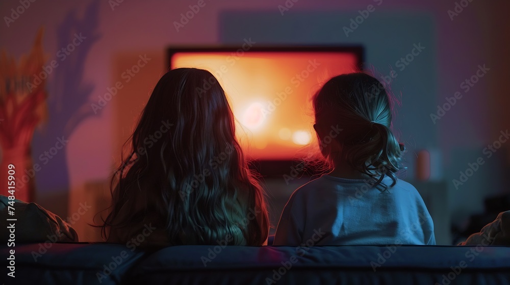 Girls watching a terror movie on tv sitting on a couch at home : Generative AI