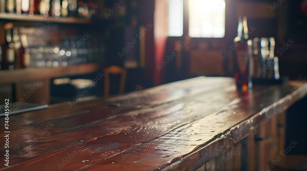 Empty wooden bar counter with defocused background and bottles of restaurant bar or cafeteria background for your product display : Generative AI