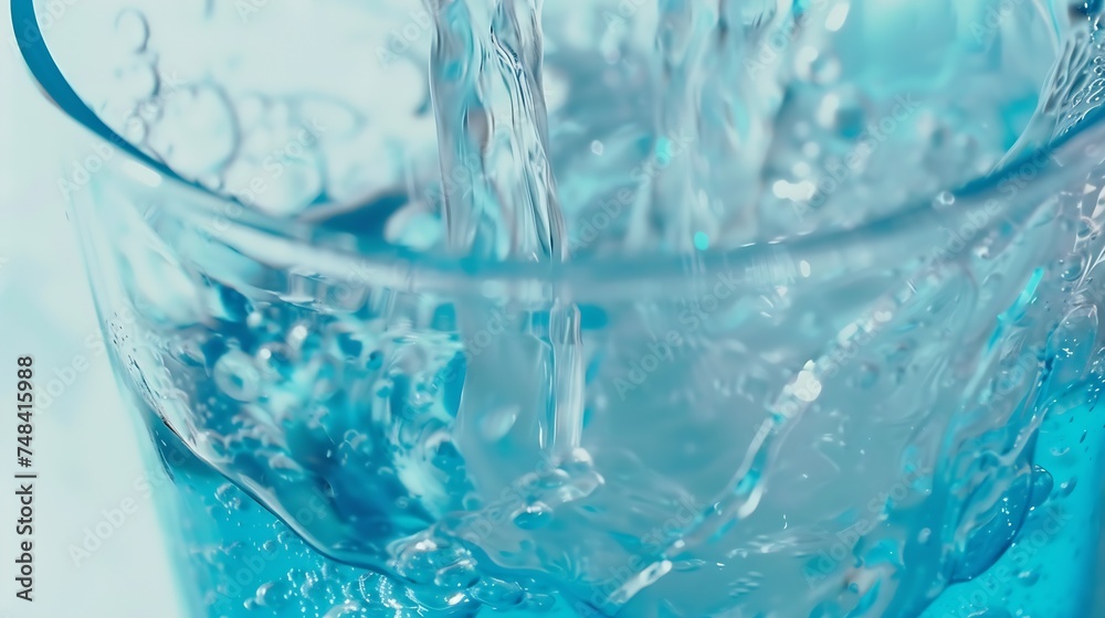 Beautiful texture of flowing water closeup macro A stream of clean transparent water is poured into a blue glass beaker on a light background : Generative AI Beautiful texture of flowing water closeup macro A stream of clean transparent water is poured into a blue glass beaker on a light background : Generative AI