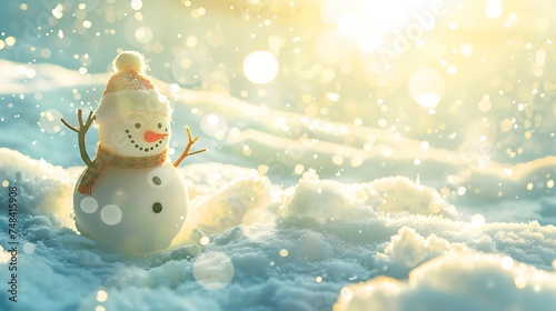 Cheerful snowman of snowdrifts on snow outdoors on nature in sunny day with copy space flat lay Christmas snowy backdrop background : Generative AI