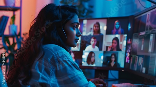 Woman sit at desk looking at computer screen where collage of diverse people webcam view Indian ethnicity young woman lead video call distant chat group of different mates using videoc : Generative AI
