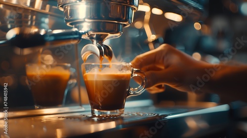closeup of a barista making coffee with syrup and cream foam in a store or cafe : Generative AI