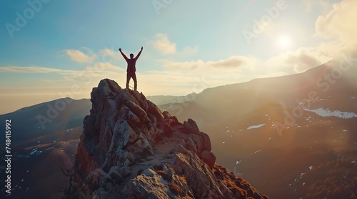 Man with arms up on the top of the mountain Hiker on the cliff raising hands to the sky : Generative AI