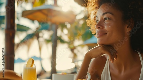 Portrait of a happy woman thinking and looking away at breakfast on vacation with a resort or hotel on the beach in the background : Generative AI