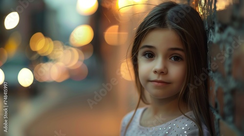 Pretty cute girl looks turning to the camera Evening in the city street with evening lights : Generative AI © Generative AI