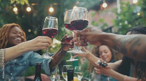 Group of friends having fun at bbq dinner in garden restaurant Multiracial people cheering red wine sitting outside at bar table Social gathering youth and beverage lifestyle concept : Generative AI photo