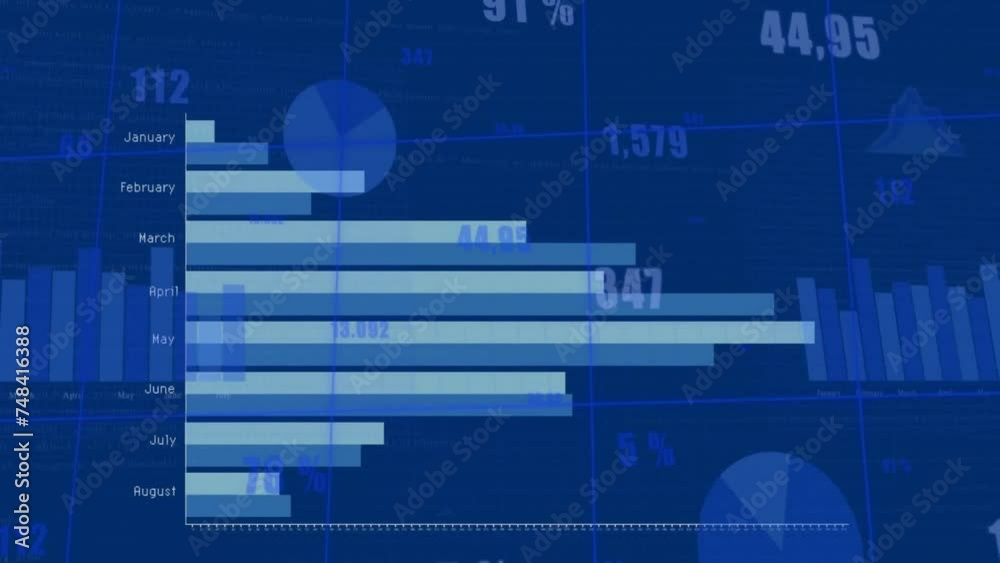 Animation of financial data processing over blue background Animation of financial data processing over blue background