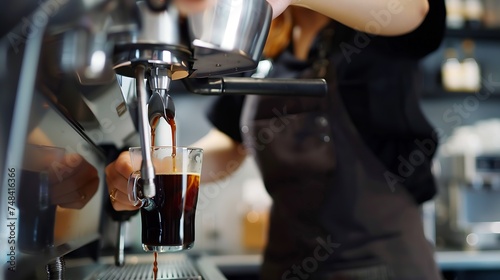 Professional female barista in black uniform making drip coffee Person pouring fresh aromatic coffee from glass flask in cup hands close up Alternative coffee brewing : Generative AI