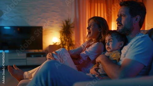 Tired mother and father sitting on couch feels annoyed exhausted while noisy little daughter and son shouting run around sofa where parents resting Too active hyperactive kids need rep : Generative AI