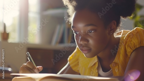 Focused african american school girl studying with books laptop preparing for test exam writing essay doing homework at home teenage student learning assignment making notes teen educa : Generative AI photo