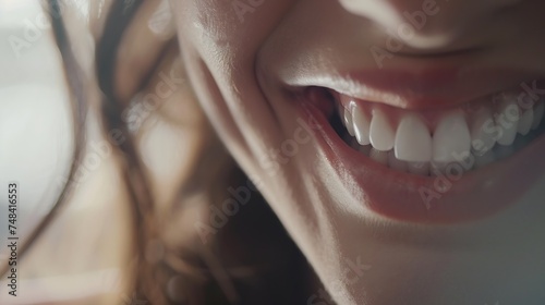 Young woman showing healthy gums on grey background closeup : Generative AI