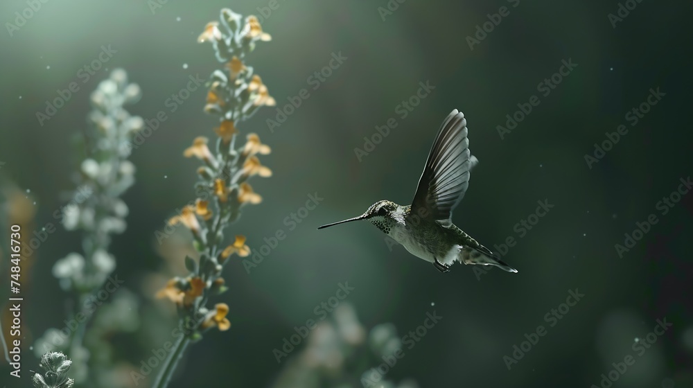 Fototapeta premium Hummingbird hawkmoth hovering over flower on green background : Generative AI