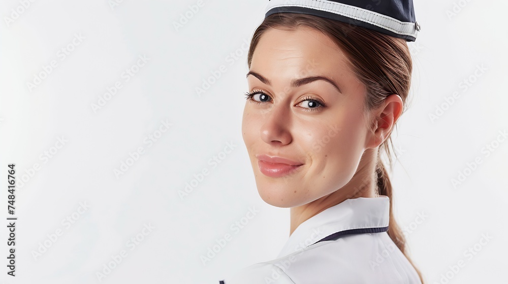 Portrait of hostess in uniform on white background : Generative AI Portrait of hostess in uniform on white background : Generative AI