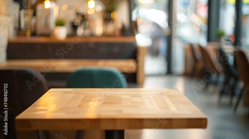 Empty coffee table over defocused coffee shop background with copy space   Generative AI