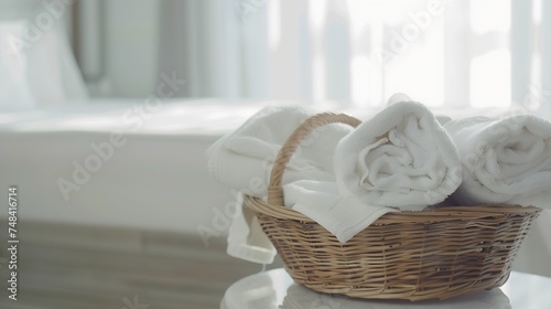Wicker basket with white towels on table in bathroom Space for text : Generative AI