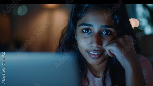 Laptop web cam view head shot of indian woman Edate online services video call using phone or pc distance chat with mates common task conversation between friends job interview remotel : Generative AI photo