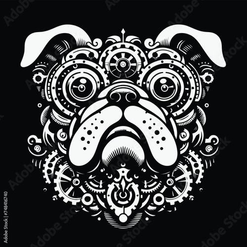bulldog, animal in techno cyberpunk and steampunk tattoo, wire, machine gear logo, 