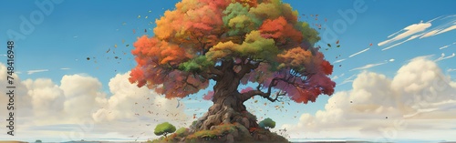 大きな木、カラフルな葉、青空と雲、イラスト素材、背景｜Big tree, colorful leaves, blue sky and clouds, illustration material, background. Generative AI photo