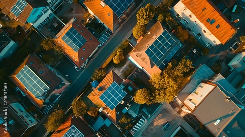 Aerial view of solar panels and roof greening measures in a housing estate in Berlin Germany : Generative AI photo