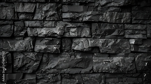 Black old brick wall Dark gray stone wall Collapsing brickwork Weathered stone wall Black grunge background with copy space for design Wide banner : Generative AI