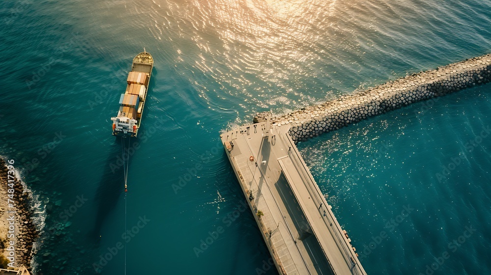Aerial view of a container ship along the Mediterranean Sea coast in Fuengirola Malaga Spain : Generative AI
