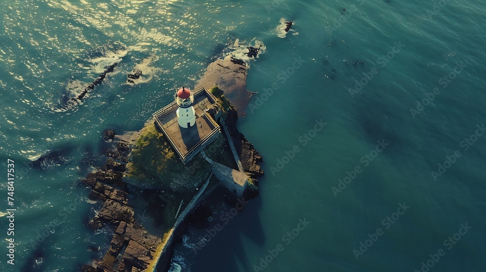 Fototapeta premium Aerial view of The Baily Lighthouse along the wild coastline near North Bull Island Dublin Ireland : Generative AI
