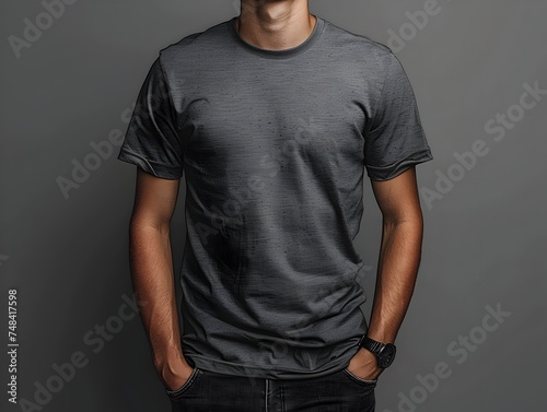 Stylish Young Man in Grey Shirt and Jeans on Textured Gray Background © DigitalDreamScapes