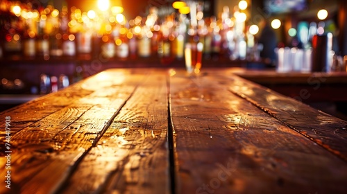 Empty wooden bar counter with defocused background and bottles of restaurant bar or cafeteria background for your product display : Generative AI