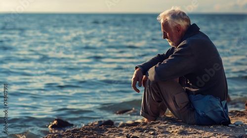 Sad old man sitting by the sea Concept about people sadness and loneliness : Generative AI photo