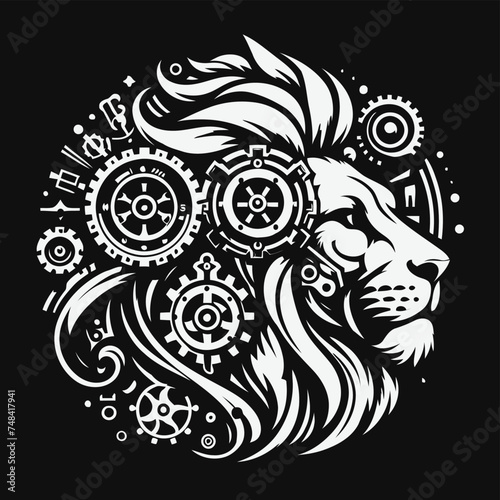 lion cat, wildcat, animal in techno cyberpunk and steampunk tattoo, wire, machine gear logo, 
