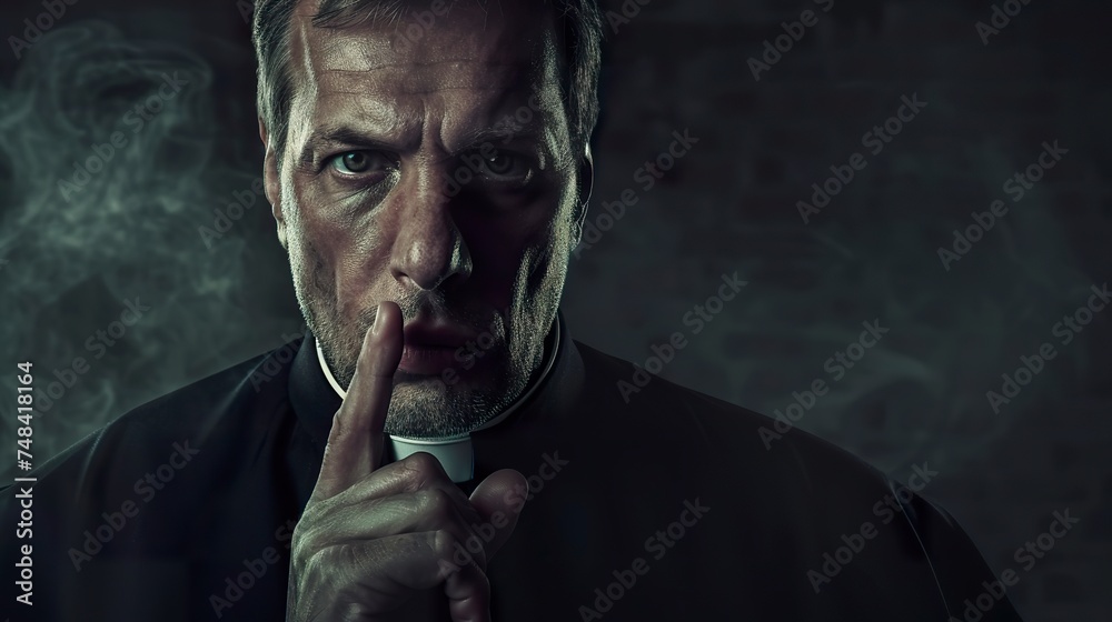 A mysterious priest makes a gesture of silence with his finger on his lips. Illustration of a priest with a penetrating gaze in a symbolic gesture reinforcing reverence for silence. - obrazy, fototapety, plakaty 