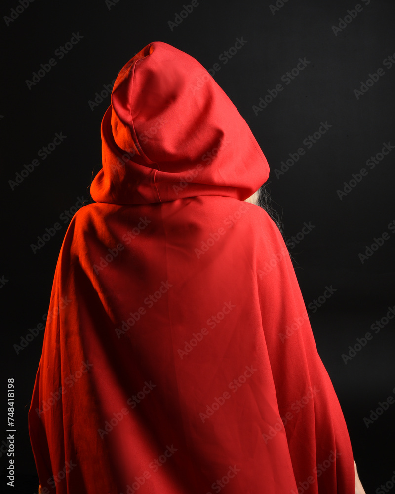 close up portrait of beautiful model with long blonde hair wearing glamorous fantasy dress with corset and flowing red riding hood fairytale cloak. isolated on dark studio background. close up portrait of beautiful model with long blonde hair wearing glamorous fantasy dress with corset and flowing red riding hood fairytale cloak. isolated on dark studio background.
