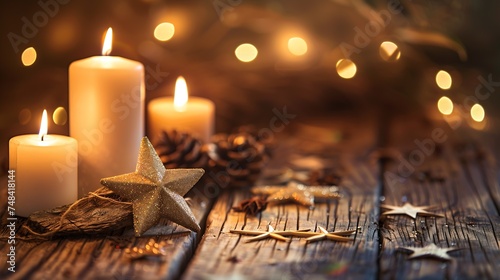 Merry Christmas and happy New Year A warm dark golden brown wooden background with burning candles and a Christmas star Elegant lowkey shot with festive mood Template for the congratul   Generative AI