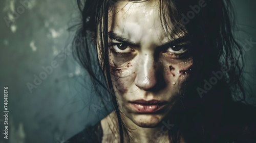 Sad beaten up girl with wounds on the face looking at the camera with deep look caucasian people concept about violence against women   Generative AI