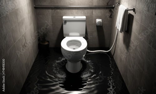 A bathroom overwhelmed by water, with a toilet semi-submerged creating a sense of urgency and disaster. The dark water and lighting give the impression of an unfortunate flooding incident, demanding