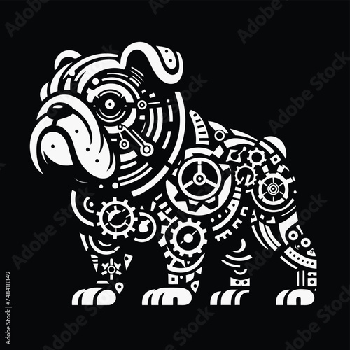bulldog, animal in techno cyberpunk and steampunk tattoo, wire, machine gear logo, 